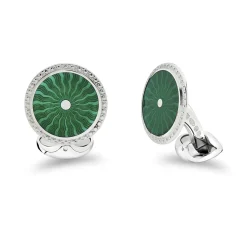 Sterling Silver Round Forest Green Enamel Cufflinks With Detailed Bord