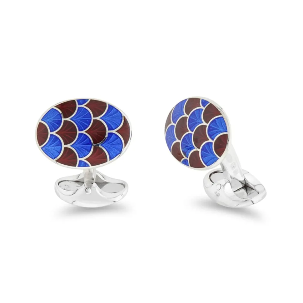 Sterling Silver Royal Blue And Maroon Enamel Scallop Pattern Cufflinks