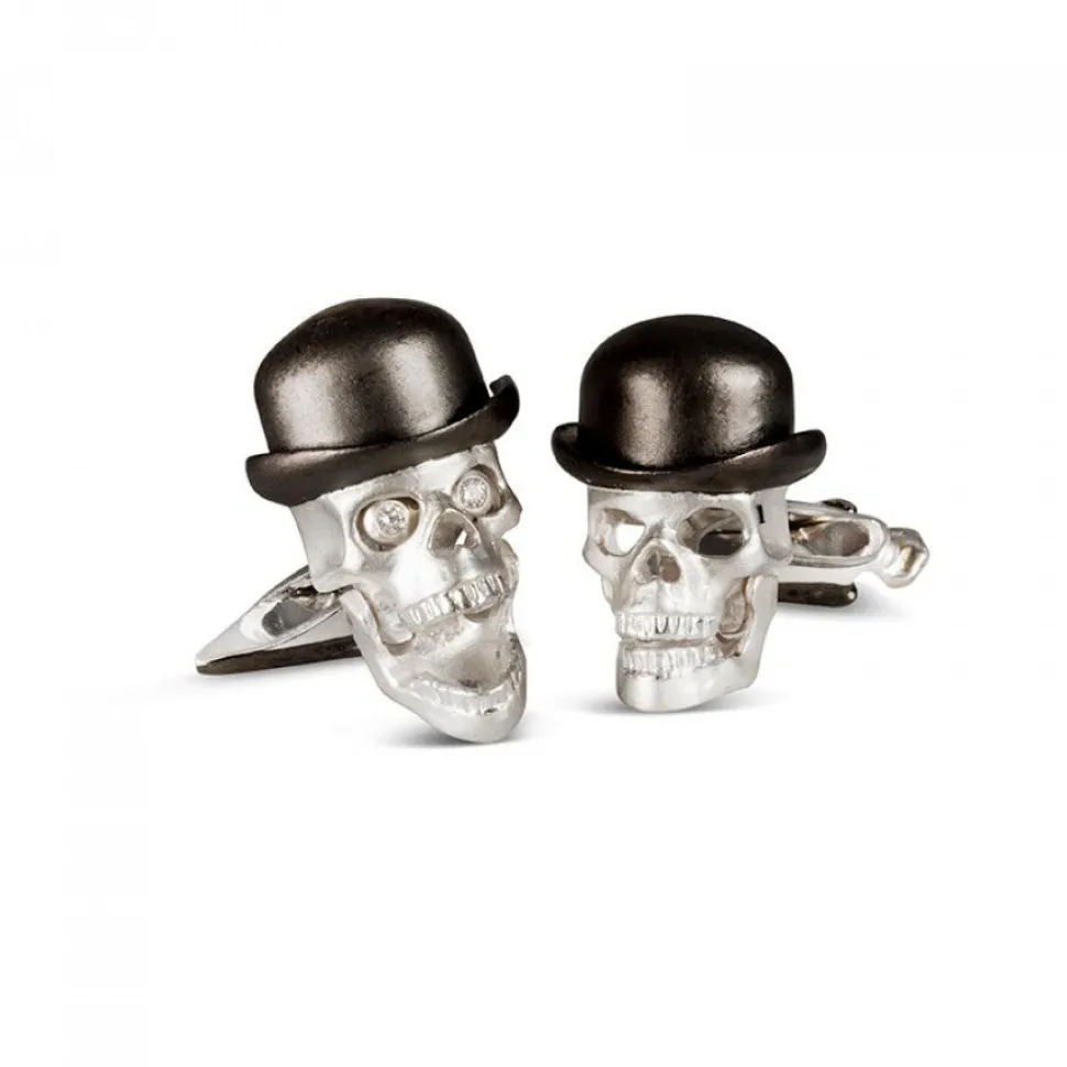 Sterling Silver Skull Cufflinks with Bowler Hat and Umbrella