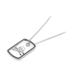 Sterling Silver Skull Tag Pendant With Black Spinel Border