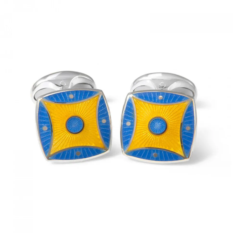 Sterling Silver Sky Blue & Bright Yellow Pattern Enamel Cufflinks