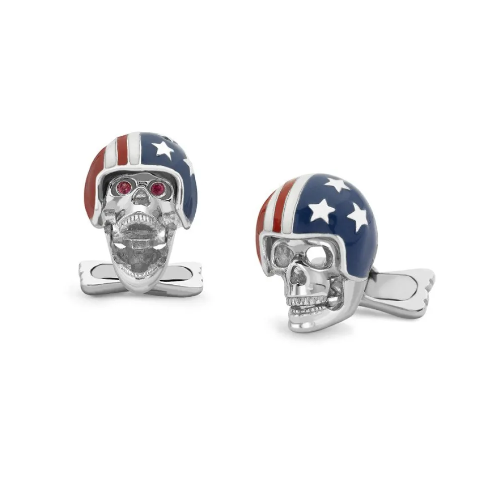 Sterling Silver USA Motorbike Helmet Skull Cufflinks