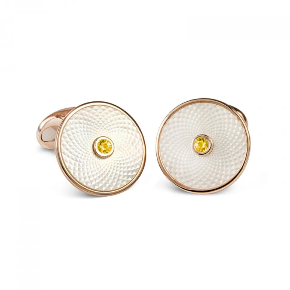 Sterling Silver White Mother-of-Pearl Cufflinks with a Yellow Sapphire