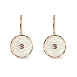 White Mother of Pearl Dreamcatcher Earrings with Pink Sapphire Gem